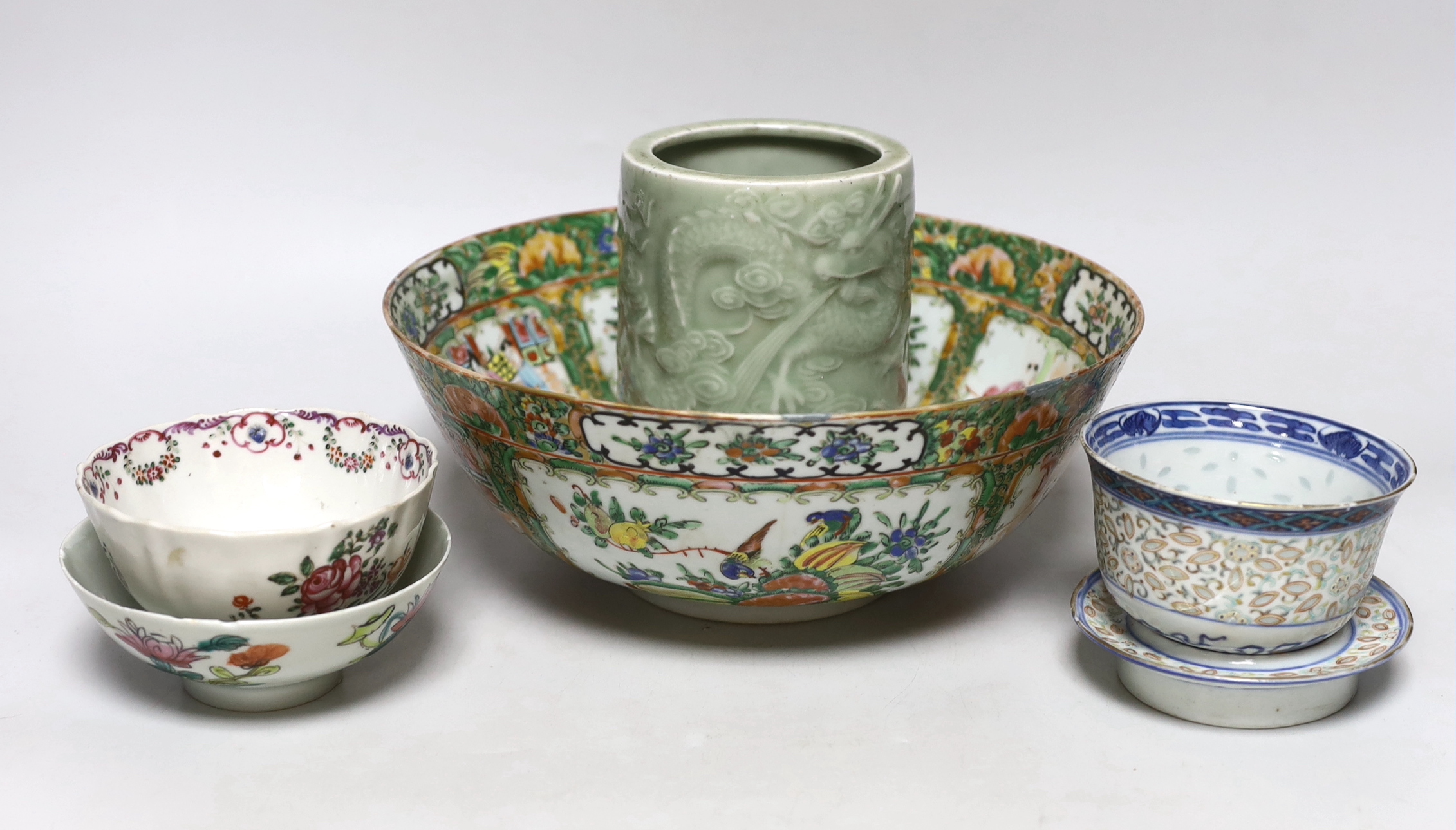 A Chinese celadon brush pot, a Cantonese bowl, two rice bowls and a rice bowl on stand, Cantonese bowl 26cm diameter